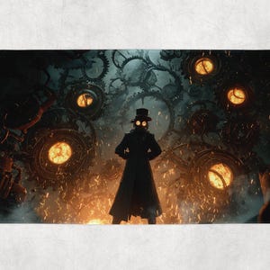 May include: A steampunk-themed bath mat. It depicts a figure in a long black coat, top hat, and goggles, standing before a backdrop of gears and glowing orbs. The color palette is dark with accents of orange and gold.