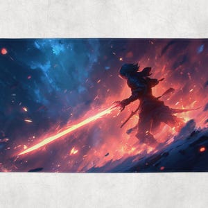 May include: A rectangular bath mat featuring a digital art illustration of a figure with a glowing sword. The background is a fiery red and blue, creating a dramatic and dynamic scene. The figure is silhouetted.