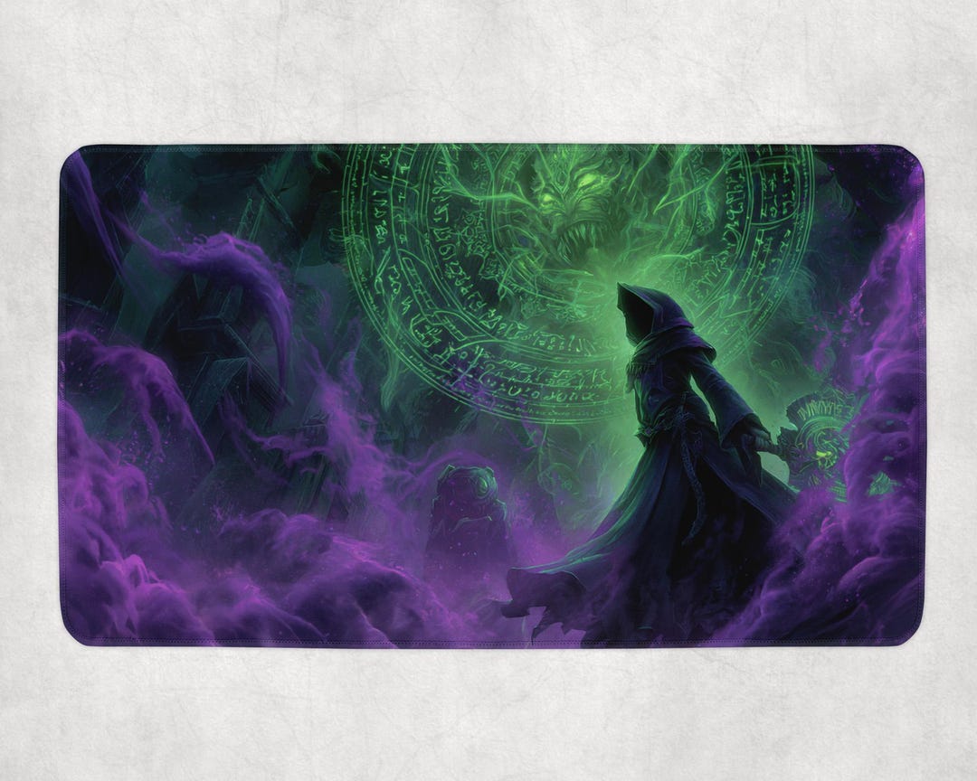 Magic Rune Mat Cap Mysterious Warlock MTG Playmat | Glowing Green Runes & Purple Mist ...