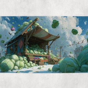 May include: An illustrated scene of a cabbage market. A wooden stall is piled high with green cabbages, with more cabbages floating in the sky. The scene is set against a backdrop of a cloudy blue sky, with a few birds flying around.