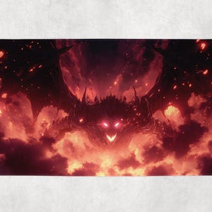 Pode incluir: Um tapete de banho retangular com uma ilustração digital de uma criatura demoníaca com olhos vermelhos brilhantes e um sorriso ameaçador. O fundo é preenchido com nuvens de fogo e brasas, criando uma cena dramática e intensa. A paleta de cores é dominada por tons de vermelho e preto.