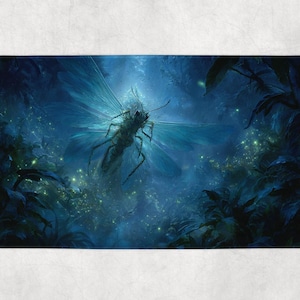 May include: A rectangular bath mat featuring a fantasy illustration of a large insect with translucent blue wings, set in a dark blue, lush forest with glowing lights. The insect is the focal point, with detailed legs and antennae.
