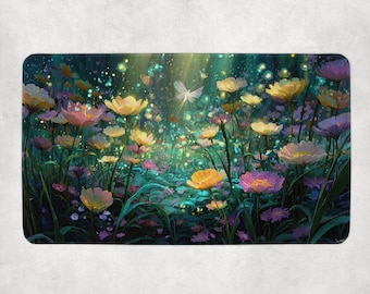 Enchanted Fairy Meadow MTG Playmat | Sunlit Wildflowers & Magical Glow | Fantasy TCG Mat with Dragonflies for Magic the Gathering