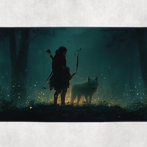 Puede incluir: Alfombra de baño con la silueta de un arquero con arco y flecha, de pie con un lobo blanco en un bosque oscuro. La escena está iluminada por partículas brillantes, creando una atmósfera mística.