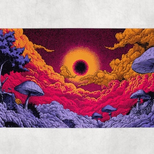 Puede incluir: Una vibrante impresión artística psicodélica que representa un paisaje surrealista. La obra de arte presenta un sol oscuro, nubes coloridas en tonos naranja, rojo y morado, y grandes setas estilizadas. El tema general es la fantasía y la naturaleza.