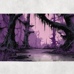 Peut inclure: Illustration en noir et violet d'un paysage de marais. L'œuvre représente des arbres noueux avec de la mousse suspendue, un plan d'eau et un ciel rose-violet. L'ensemble évoque une atmosphère gothique mystérieuse.