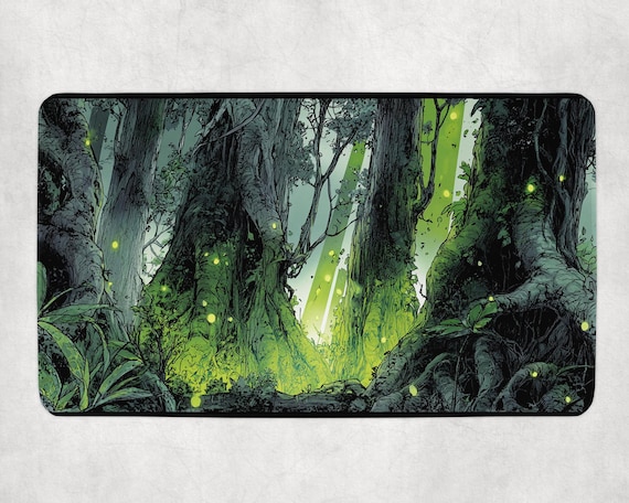 Enchanted Forest MTG Mat | Towering Trees & Fireflies in Comic Ink