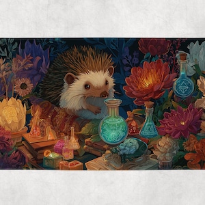 May include: A whimsical illustration of a hedgehog surrounded by colorful flowers, books, and potion bottles. The scene is rich with detail, featuring vibrant reds, blues, and greens, creating a magical and enchanting atmosphere. The hedgehog is the central focus.