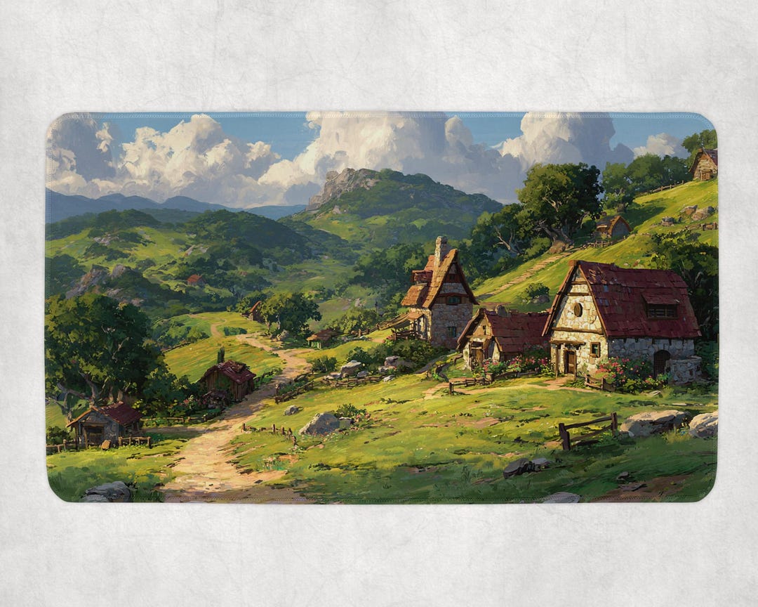 Cozy Pastoral Fantasy Village MTG Playmat Rolling Green Hills