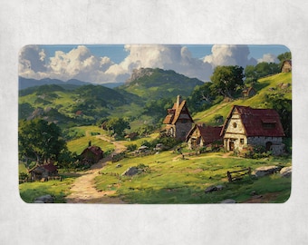 Gezellige Pastoral Fantasy Village MTG-speelmat Rolling Green Hills Platteland Landschap Ruilkaartspel Bureaumat