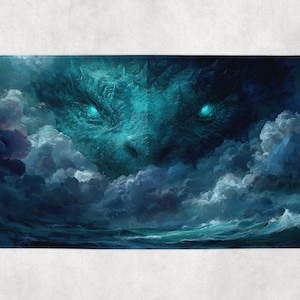 May include: A rectangular bath mat featuring a fantasy art design. The artwork depicts a dragon's face emerging from stormy clouds above a turbulent sea. The dragon's eyes glow with a bright teal color, contrasting with the dark blues and grays.