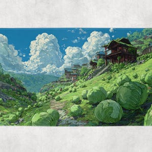 May include: A vibrant, artistic rendering of a hillside dotted with cabbages and traditional buildings. Lush green vegetation and a winding path lead through the scene under a bright blue sky with fluffy white clouds. The overall theme is a rural landscape.