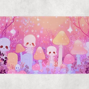 May include: A rectangular decorative mat featuring a whimsical illustration. The design includes cartoon skulls, mushrooms, and a tombstone set in a pink and purple forest scene. The artwork has a soft, dreamy quality with sparkling accents.