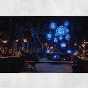 Puede incluir: Impresión artística digital de un taller o laboratorio oscuro, iluminado por orbes azules colgantes. La escena presenta instrumentos científicos, un taburete de madera y una atmósfera misteriosa. La obra de arte se centra en detalles intrincados, creando una sensación de asombro.