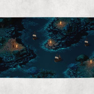 May include: A rectangular mat featuring a detailed, pixelated illustration of a nighttime river scene. Small boats sail on the dark water, with glowing lanterns and structures along the banks. The color palette is dominated by blues and greens.