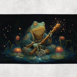 May include: A whimsical illustration of a frog in a blue robe, holding a staff, and meditating on lily pads. The frog has yellow eyes and is surrounded by glowing lights and orange flowers. The background is dark.