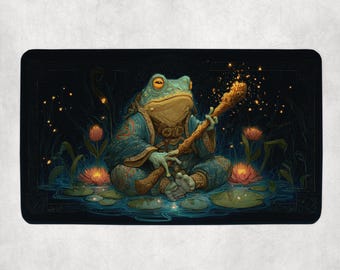 Frog Shaman MTG Mat | Wise Amphibian Mage with Staff | Bloomburrow Fantasy Magic the Gathering Playmat
