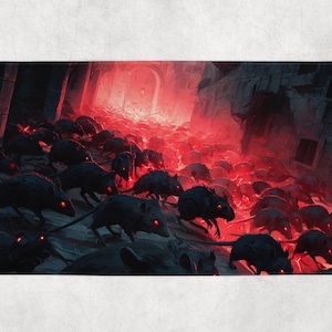 Könnte beinhalten: Rechteckige Badematte mit einer digitalen Illustration einer Horde schwarzer Ratten mit leuchtend roten Augen. Die Ratten befinden sich in einer dunklen, ominösen Umgebung mit einem roten Glühen im Hintergrund.