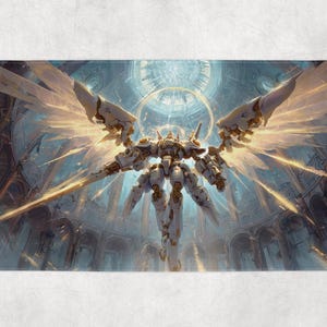 May include: A detailed illustration of a white and gold robotic figure with large, feathered wings, set against a backdrop of a grand, ornate building with a domed ceiling. The artwork has a fantasy theme with a celestial glow.