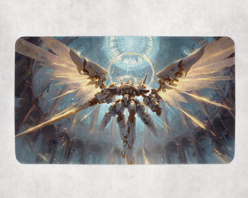 May include: A detailed illustration of a white and gold robotic figure with large, feathered wings, set against a backdrop of a grand, ornate building with a domed ceiling. The artwork has a fantasy theme with a celestial glow.