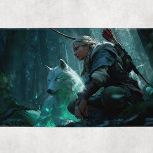 May include: Digital art print of a woman with a bow and arrows, kneeling beside a glowing white wolf in a forest setting. The woman has blonde hair and is wearing a blue tunic. The wolf has glowing blue eyes and a mystical aura.