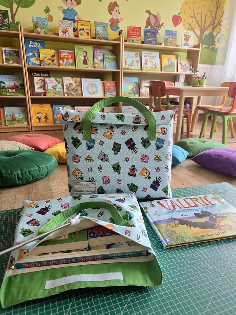 Pu&ograve; includere: Due borse in tessuto azzurro con un motivo ripetuto di personaggi pixelati. Le borse hanno manici in tessuto verde e una chiusura in velcro bianca. Una borsa &egrave; in posizione verticale, mentre l'altra &egrave; aperta e mostra dei libri all'interno.