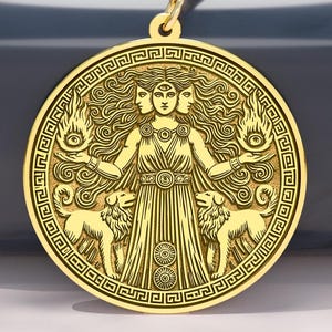 14K Gold Hecate Medallion Necklace: Greek Goddess Talisman Jewelry