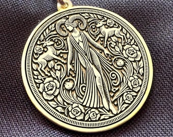 14K Gold Capricorn Woman Necklace – Zodiac Goddess Coin Pendant – Symbol of Strength, Ambition & Earth Energy