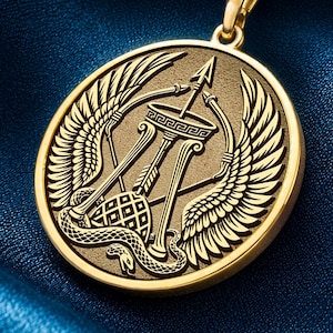 May include: A gold-toned circular pendant necklace featuring an engraved design of a central pillar, an arrow, a snake, and symmetrical wings. The pendant is suspended from a matching gold-toned link chain, showcasing intricate metalwork details.