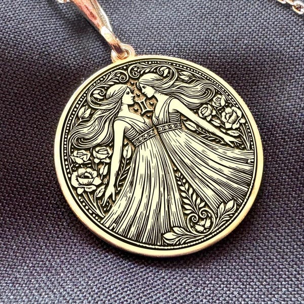14K Gold Gemini Twins Necklace – Zodiac Goddess Coin Pendant – Symbol of Duality, Intellect & Connection