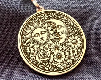 Sun and Moon Necklace, Solid 14K Gold or Sterling Silver Celestial Medallion
