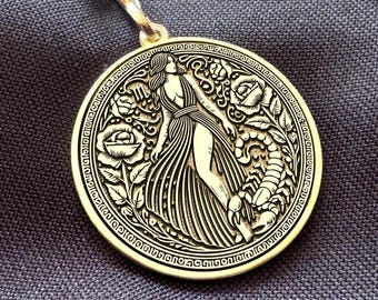 Scorpio Goddess Necklace, 14K Gold or Sterling Silver Zodiac Coin Pendant