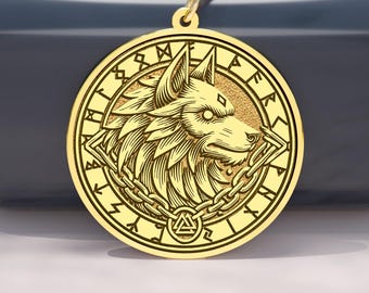 14K Gold Fenrir Necklace – Norse Wolf God Pendant with Viking Runes – Mythology Medallion