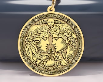14K Gold Hades and Persephone Coin Necklace - Greek Mythology Pendant