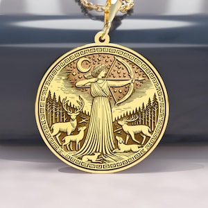 14K Gold Artemis Pendant • Greek Goddess of the Hunt Necklace • Moon & Deer Jewelry