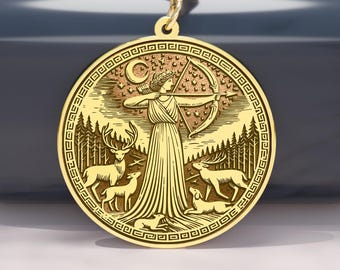14K Gold Artemis Pendant • Greek Goddess of the Hunt Necklace • Moon & Deer Jewelry