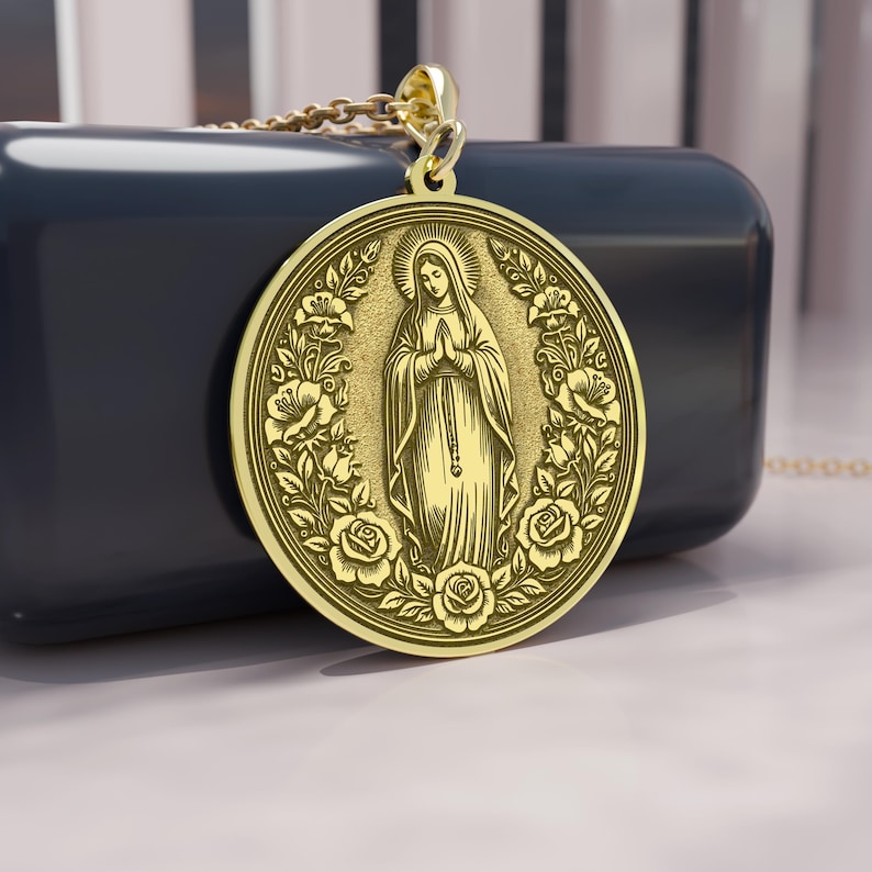 14K Gold Virgin Mary Pendant • Our Lady Medallion • Catholic Religious ...