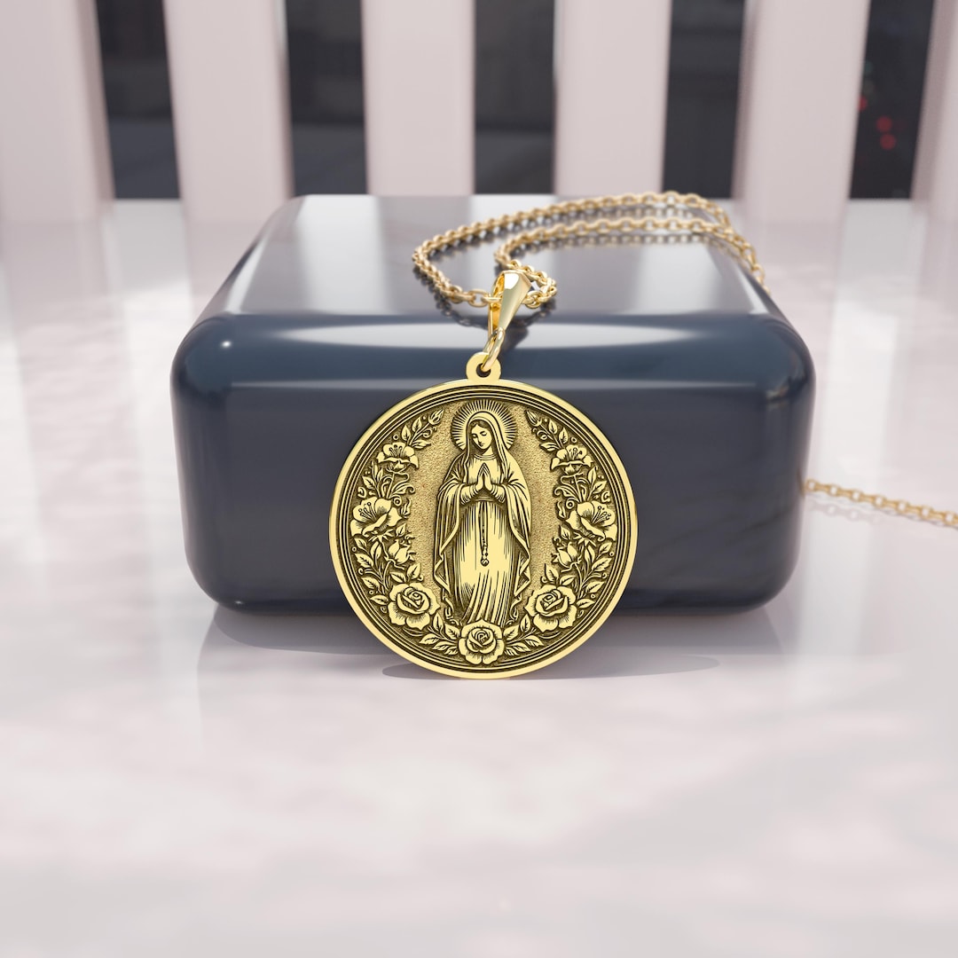 14K Gold Virgin Mary Pendant • Our Lady Medallion • Catholic Religious ...