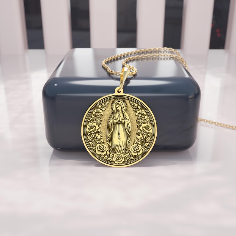 14K Gold Virgin Mary Pendant • Our Lady Medallion • Catholic Religious ...