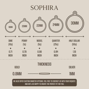 May include: A graphic showing the brand name "SOPHIRA" above a series of circular pendant sizes: 18mm, 20mm, 22mm, 24mm, and 30mm. Each size is compared to a U.S. coin and its inch equivalent. Gold is 0.8mm thick, silver is 1mm.