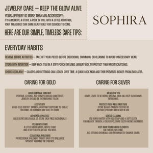 May include: A graphic with jewelry care tips. The text reads "Jewelry Care - Keep the Glow Alive" and provides advice on everyday habits and caring for gold and silver jewelry. The brand name "Sophira" is also displayed.