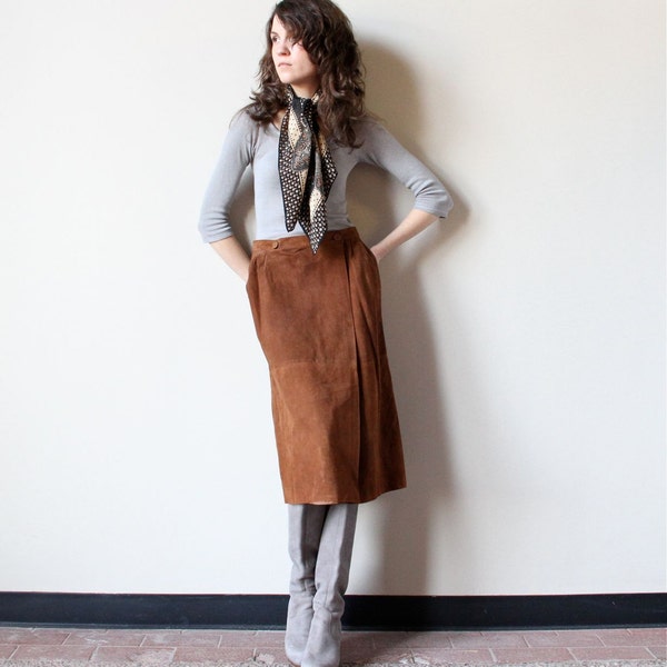 Chestnut Leather Wrap Skirt, 70s patchwork sienna brown suede minimalist equestrian prep office pencil skirt, boho hippie Fall Autumn color
