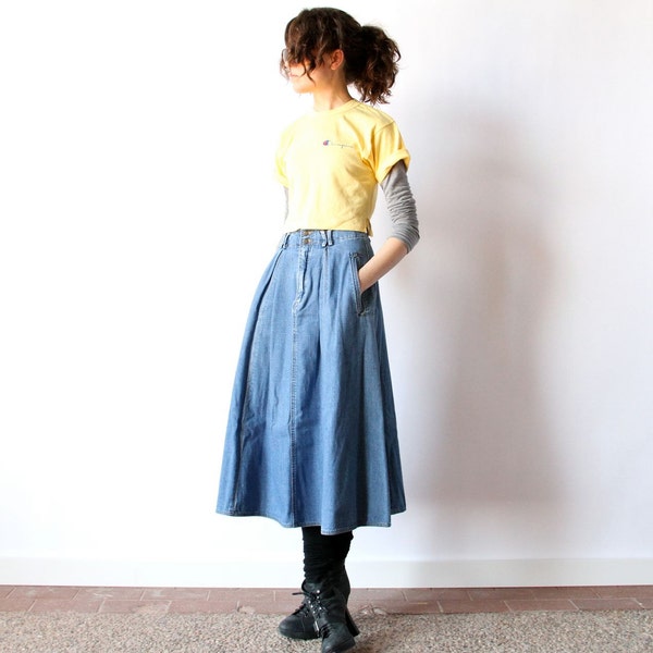 Denim Midi Skirt, 80s High Waist Faded Blue Jean pleated hipster office minimalist prairie boho New Wave nerd full swing frock