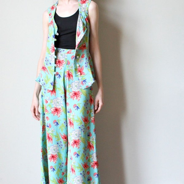 RESERVED 80s 90s Betsey Johnson floral print palazzo pants & vest, jade mint green pastel with coral 40s silhouette spring flower separates