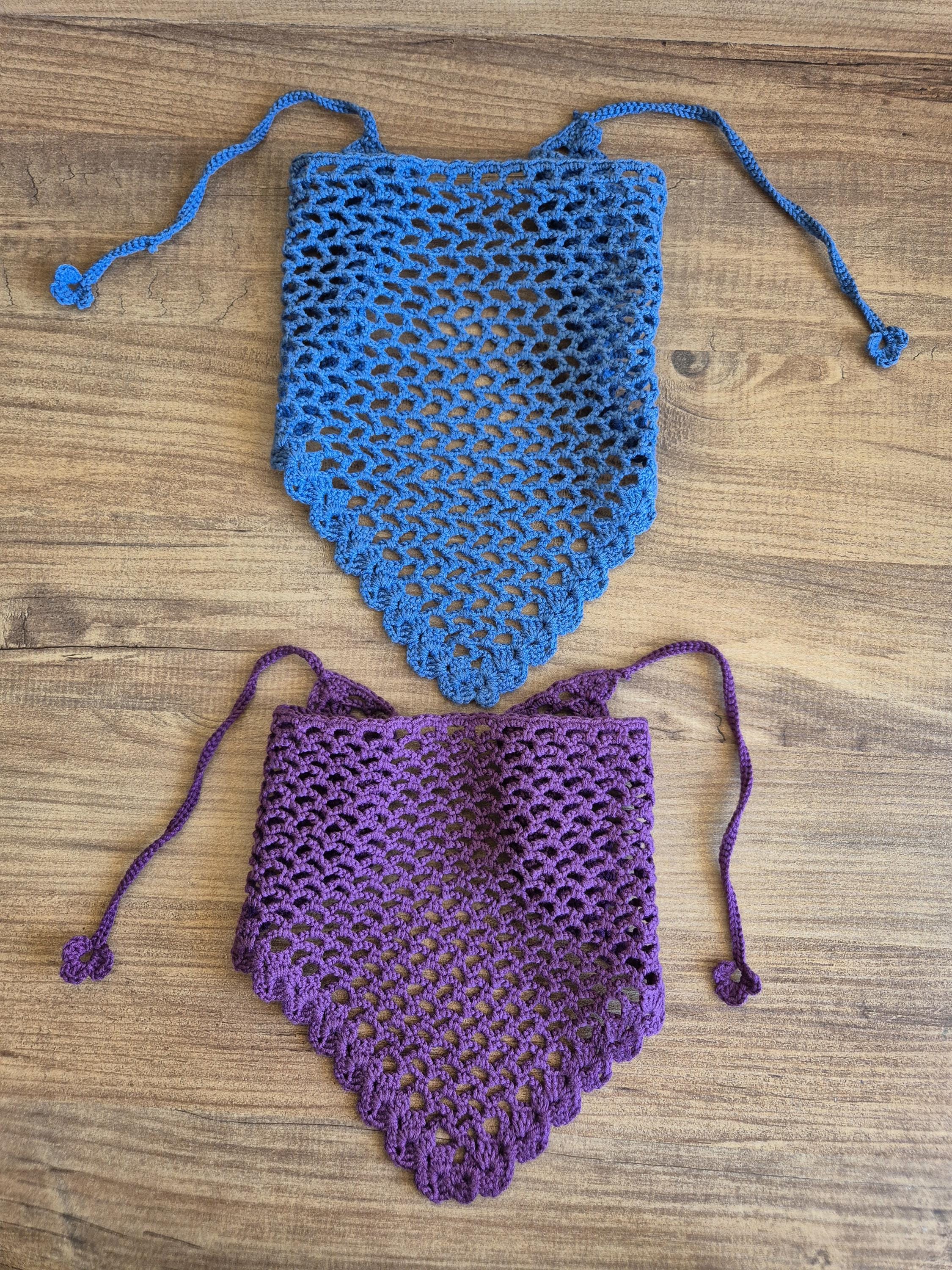 Openwork Mesh Crochet Hairband - Handmade Boho Cotton Headscarf, Cottagecore Tie-On Bandana (Blue or Purple)