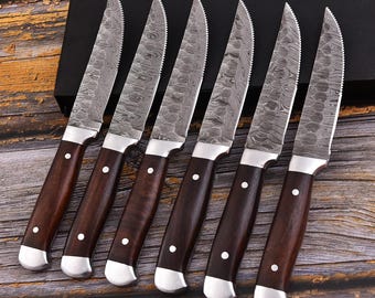 6 pieces Dmascus steak serated knives set premiume gift pack
