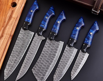 Handmade Forged Damascus Steel Custom Chef Knife Set Epoxy Resin Handle, High Carbon, 5-Piece