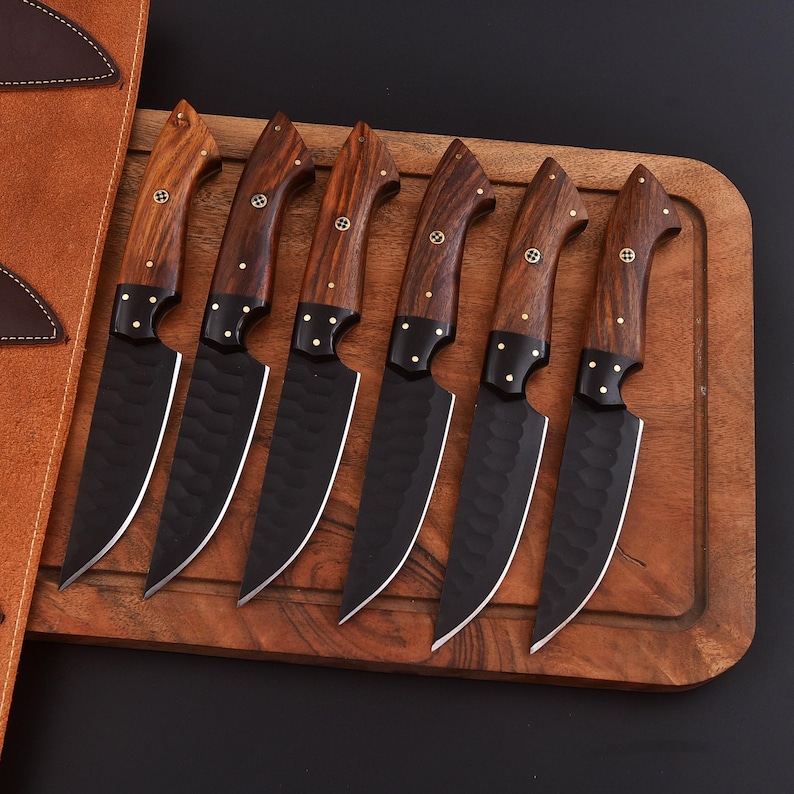 Handmade 6-piece Steel Steak Knife Set, Wood Handles, Professional BBQ ...