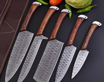 Handmade Stainless steel Damascus twisted folded layers  Chef Knife Set with Leather Roll