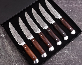Damascus Steak Knives Set (6 Piece) - Rosewood Handle, Gift Box